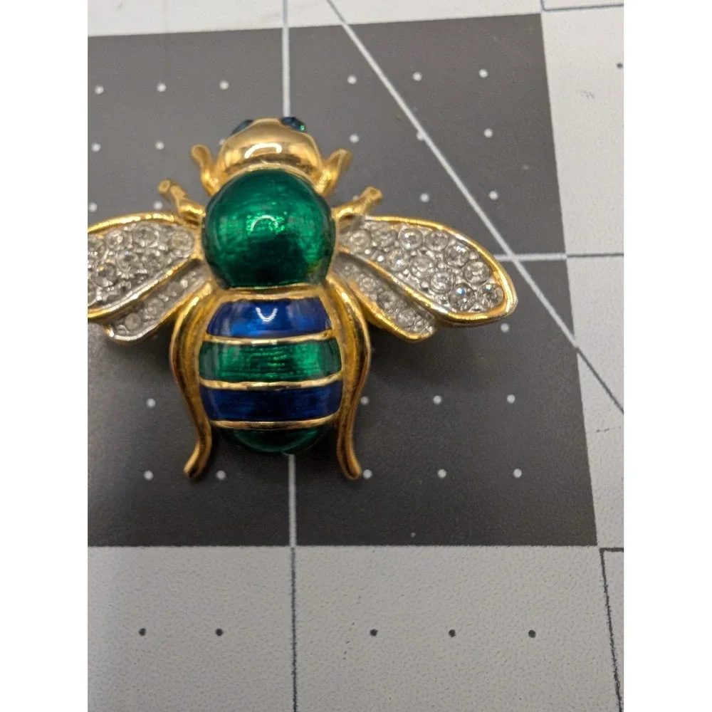 Enamel Bumble Bee Brooch‎ Gold Tone Green Blue Rhinestone Insect Pin vtg